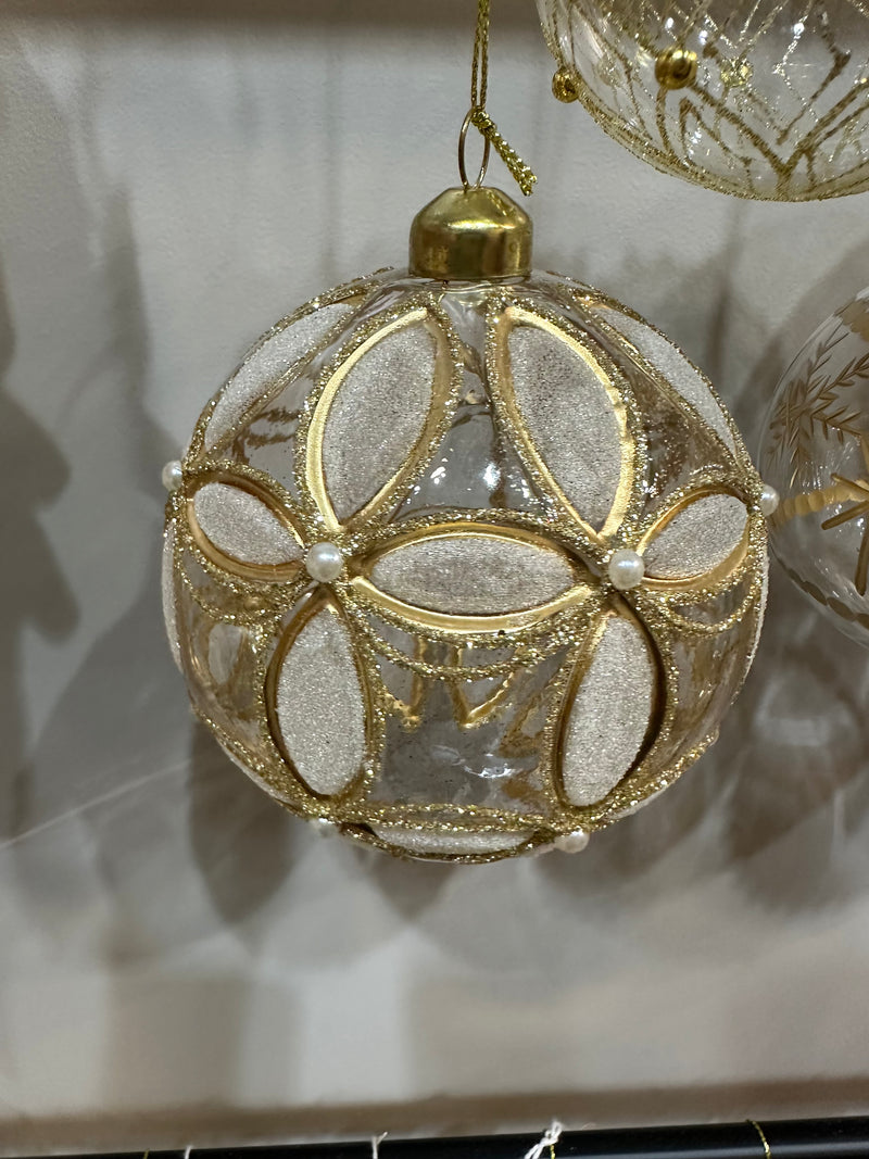 2024 PRE-ORDER: GOLD EMBOSSED GLASS FLEUR 10CM BAUBLE-Two Turtle Doves Australia