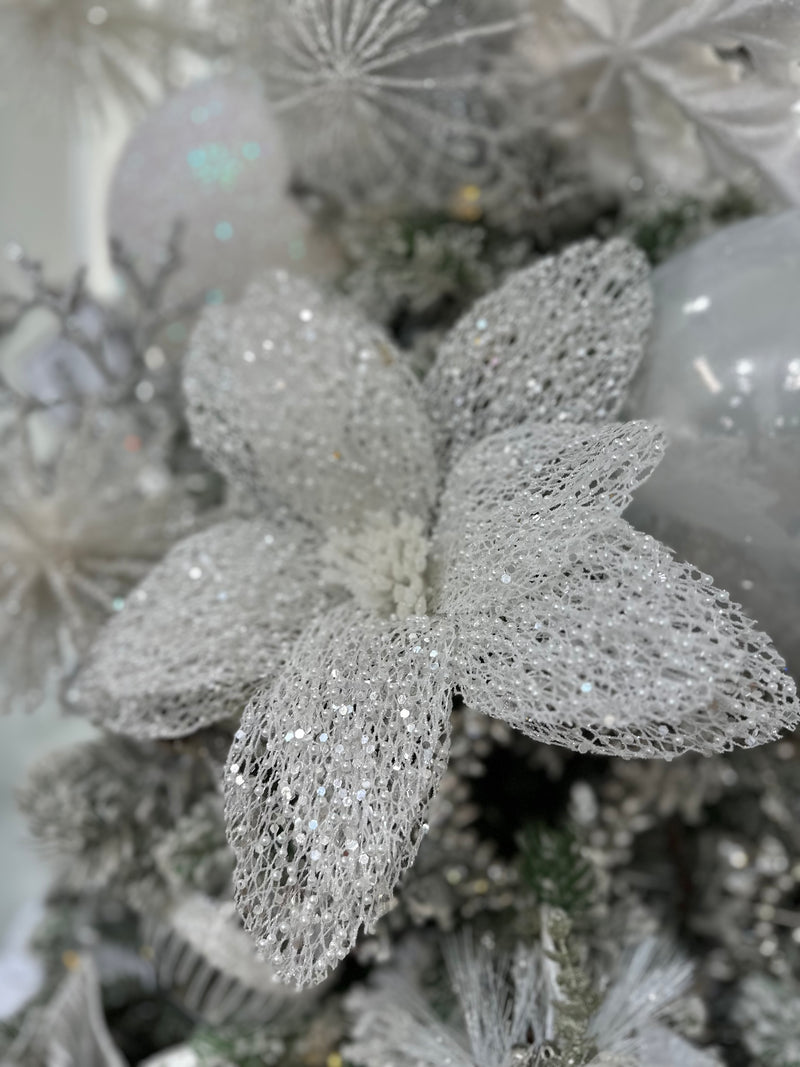 2024 PRE-ORDER: PEARL WHITE LACE POINSETTIA FLOWER STEM D31CM, WITH A 50CM STEM-Two Turtle Doves Australia