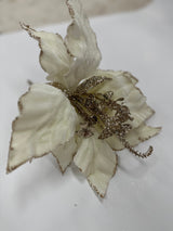 30CM VELVET CREAM POINSETTIA WITH GLITTER TRIM - CTCXX2855-Two Turtle Doves Australia