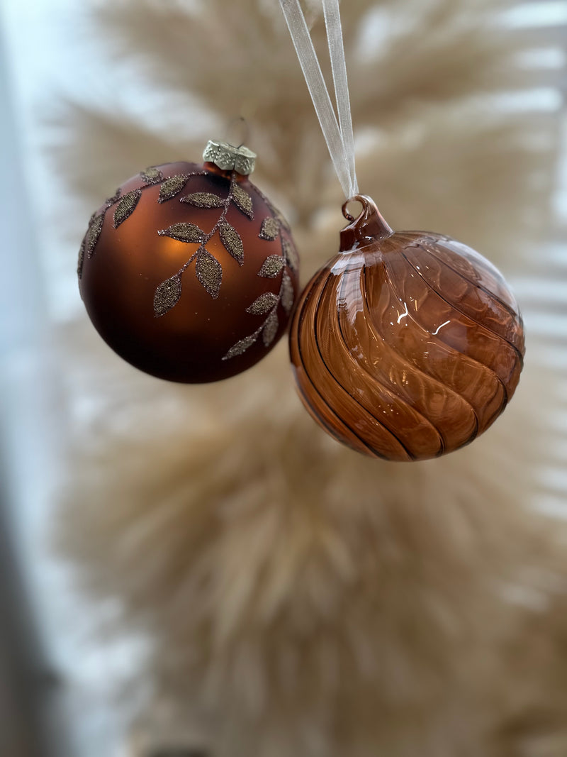 2024 PRE-ORDER: 2 ASSORTED, BOTH 10CM, BRONZE/COPPER GLASS BAUBLES-Two Turtle Doves Australia