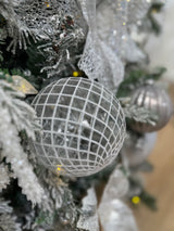 2024 PRE-ORDER: x2 ASSORTED PLASTIC BAUBLES, CLEAR WITH WHITE GLITTER DETAIL 12CM-Two Turtle Doves Australia