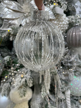 2024 PRE-ORDER: x2 ASSORTED PLASTIC BAUBLES, CLEAR WITH WHITE GLITTER DETAIL 12CM-Two Turtle Doves Australia