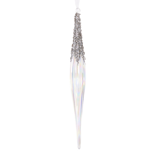 2024 PRE-ORDER: HEIRLOOM 30.5CMX4CM GLASS SILVER ICED & CLEAR CRYSTAL LONG ICICLE - HICXM066-Two Turtle Doves Australia