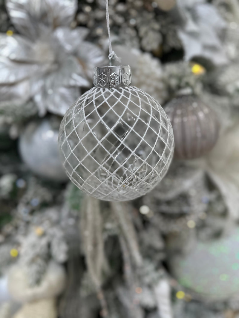 2024 PRE-ORDER: x2 ASSORTED PLASTIC BAUBLES, CLEAR WITH WHITE GLITTER DETAIL 12CM-Two Turtle Doves Australia