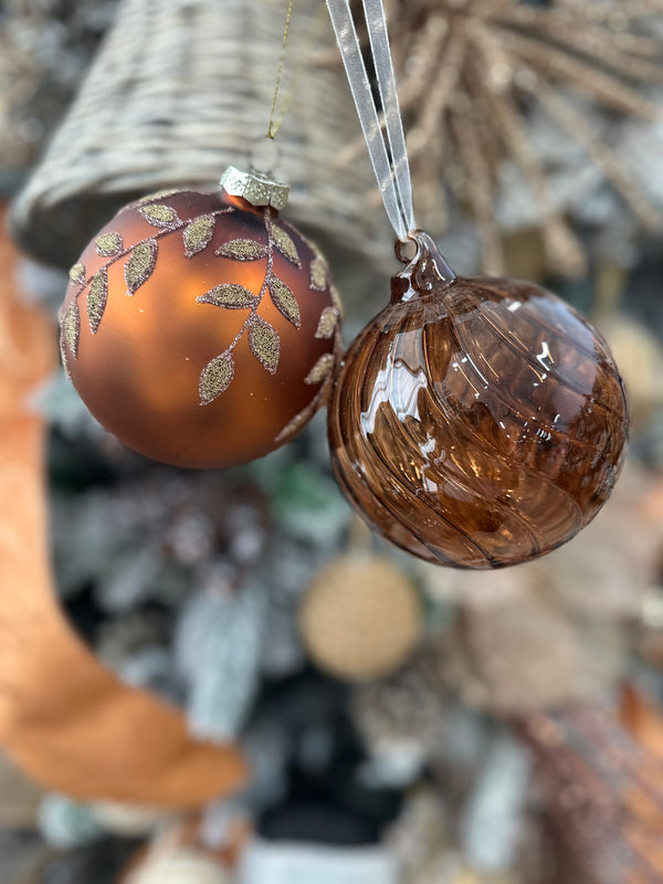 2024 PRE-ORDER: 2 ASSORTED, BOTH 10CM, BRONZE/COPPER GLASS BAUBLES-Two Turtle Doves Australia