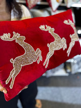2024 ONLY PRE-ORDER: RED VELVET 3 REINDEERS LEAPING PILLOW (RECTANGLE 14"x20")-Two Turtle Doves Australia