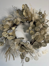 PEARL, CHAMPAGNE & GOLD EUCALYPTUS WREATH-Two Turtle Doves Australia